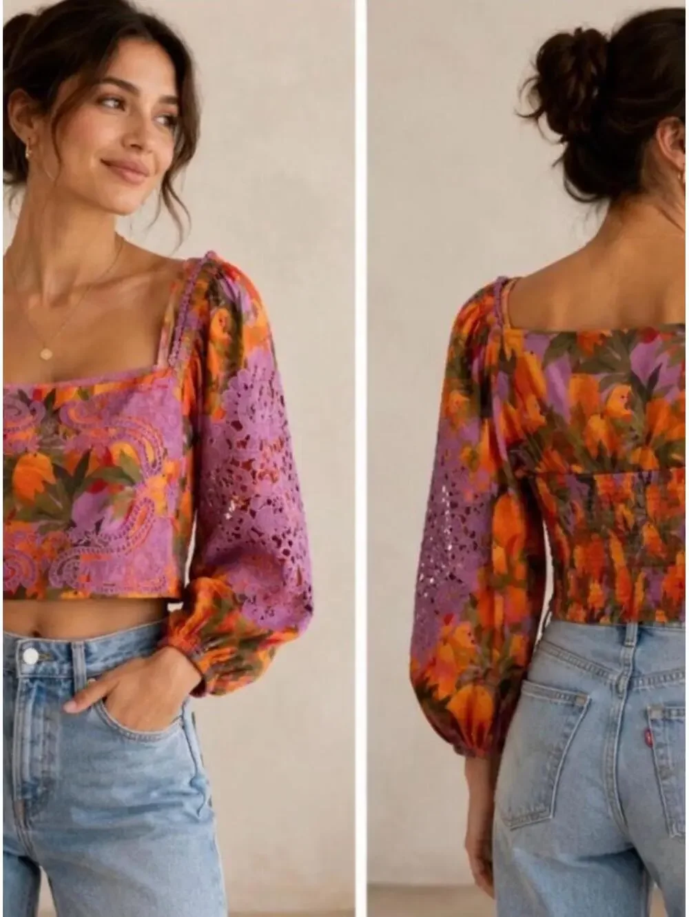 Farm Rio Mango Macaws Puff Sleeve Orange and Purple Eyelet Blouse large